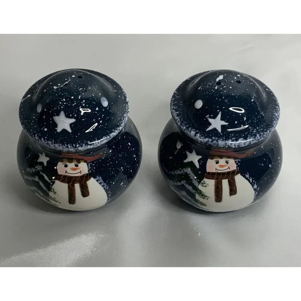 Christmas Holiday Snowman Salt and Pepper Shakers Cobalt Blue Multicolor Ceramic